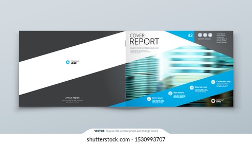 Blue Horizontal Brochure Cover Template Layout Design. Corporate Business Horizontal Brochure, Annual Report, Catalog, Magazine, Flyer Mockup. Creative Modern Brochure Concept with Square Shapes