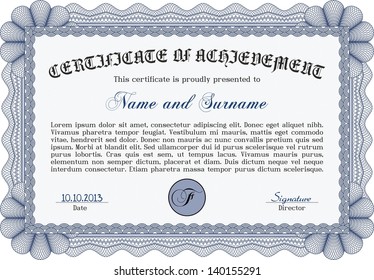 Blue horizontal certificate, diploma or coupon template. Very complex design, with background and sample text.