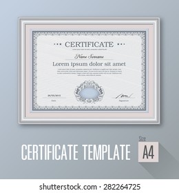 Blue horizontal certificate with white frame, certificate template