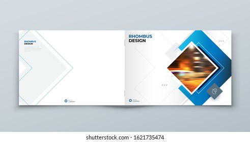 Blue Horizontal Cover Template Layout Design. Corporate Business Horizontal Brochure, Annual Report, Catalog, Magazine, Flyer Cover Mockup. Creative Modern Bright Cover Concept with Square Shapes