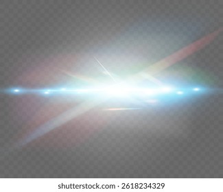 Blue horizontal glow effects resembling stars or suns with radiant highlights. Features light energy explosions and flares. Vector artwork ideal for digital, abstract, or futuristic designs.	
