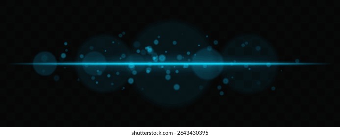 Blue horizontal glow with light particles and lens bokeh on transparent background. Atmospheric sci-fi effect perfect for transitions, digital UI, or dreamy glowing overlays.
