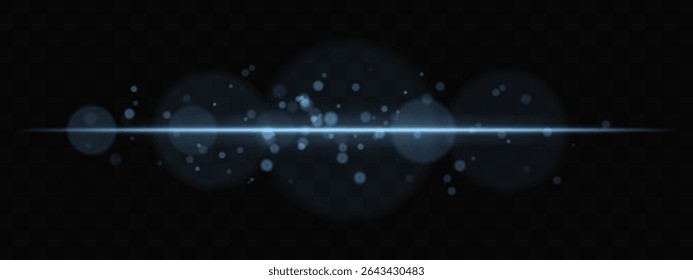 Blue horizontal glow with light particles and lens bokeh on transparent background. Atmospheric sci-fi effect perfect for transitions, digital UI, or dreamy glowing overlays.