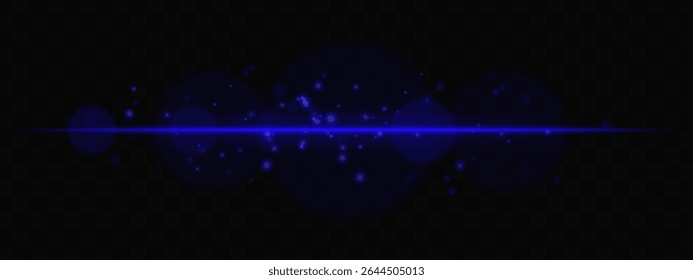 Blue horizontal glow with light particles and lens bokeh on transparent background. Atmospheric sci-fi effect perfect for transitions, digital UI, or dreamy glowing overlays.