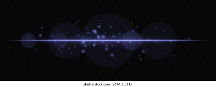 Blue horizontal glow with light particles and lens bokeh on transparent background. Atmospheric sci-fi effect perfect for transitions, digital UI, or dreamy glowing overlays.