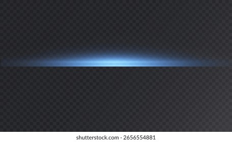 Blue horizontal glow line on a transparent background. Futuristic sci-fi light effect, minimal digital beam, lens flare, and glowing edge for technology, HUD interface, or abstract design projects.