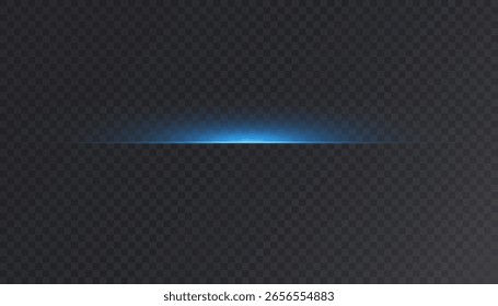 Blue horizontal glow line on a transparent background. Futuristic sci-fi light effect, minimal digital beam, lens flare, and glowing edge for technology, HUD interface, or abstract design projects.