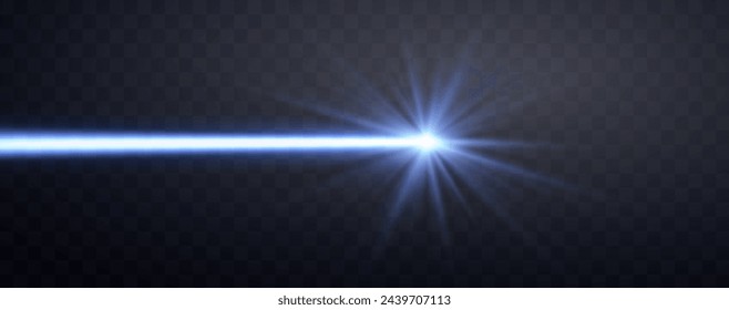 Blue horizontal laser beam. Neon line, presentation pointer. Blue glow flare light effect. Vector illustration. Isolated on dark transparent background.
