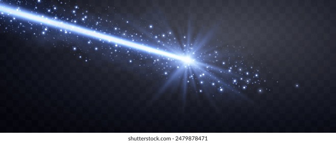 Blue horizontal laser beam. Neon line, presentation pointer. Blue glow flare light effect. Vector illustration. Isolated on dark transparent background.