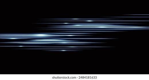 Blue horizontal laser beams isolated on a black background. Light from the headlights of a car. Glowing stripes. Abstract vector illustration.