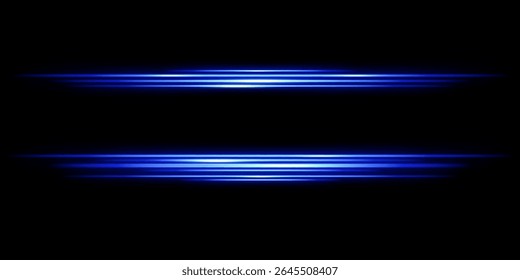 Blue horizontal laser beams isolated on a black background. Light from the headlights of a car. Glowing stripes. Abstract vector illustration.