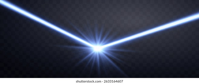 Blue horizontal lasers beam. Neon lines, presentation pointer. Blue glow flare light effect. Vector illustration. Isolated on dark transparent background.