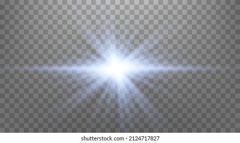 Blue horizontal lens flare.
Isolated on transparent background. Sun flash with rays or spotlight and bokeh. Glow flare light effect. Vector illustration.