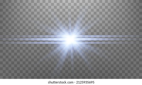 Blue horizontal lens flare.
Isolated on transparent background. Sun flash with rays or spotlight and bokeh. Glow flare light effect. Vector illustration.