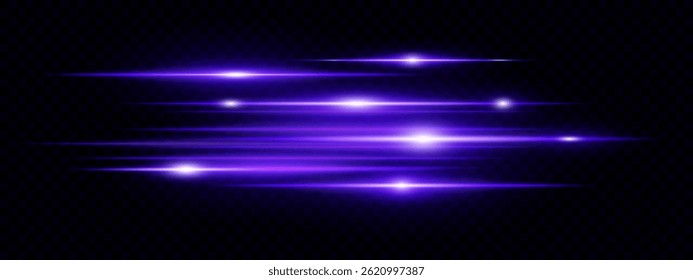 Blue horizontal lens flare neon streaks on transparent background. Futuristic abstract beams ideal for technology interfaces, banners, digital projects. EPS vector illustration.