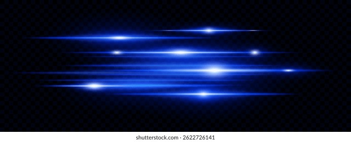Blue horizontal lens flare neon streaks on transparent background. Futuristic abstract beams ideal for technology interfaces, banners, digital projects. EPS vector illustration.