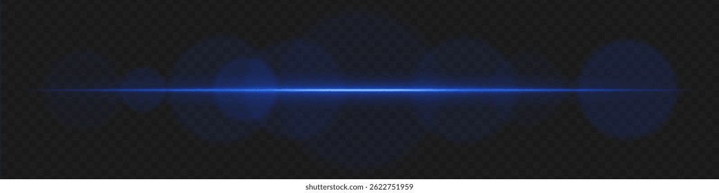 Blue horizontal lens flare with soft circular glow on transparent background. Abstract glowing beam ideal for sci-fi visuals, futuristic HUD elements, light effects.