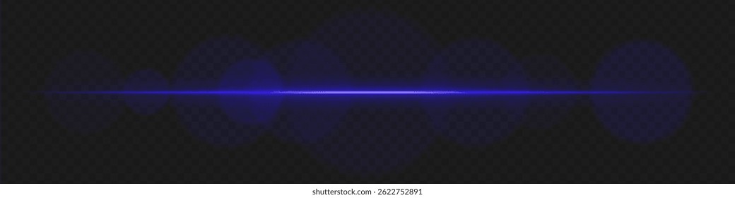 Destello de lente Horizontal azul con suave resplandor circular sobre fondo transparente. Abstractas haz luminoso ideal para imágenes de ciencia ficción, Elementos HUD futuristas, efectos de luz.