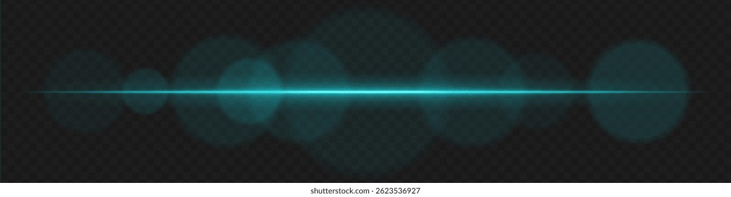 Destello de lente Horizontal azul con suave resplandor circular sobre fondo transparente. Abstractas haz luminoso ideal para imágenes de ciencia ficción, Elementos HUD futuristas, efectos de luz.
