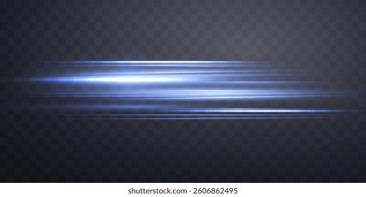 Blue horizontal lens flare.  Sun flash with rays or spotlight and bokeh. Glow flare light effect. Isolated on transparent background.Vector illustration.
