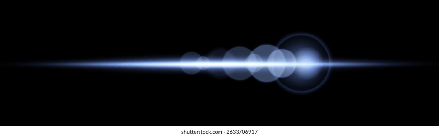 Blue horizontal lens flare.  Sun flash with rays or spotlight and bokeh. Glow flare light effect. Isolated on black background.Vector illustration.