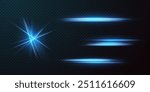 Blue horizontal lens flares pack. Laser beams, horizontal light rays.Beautiful light flares. Glowing streaks on dark background. Collection effect light blue line png.