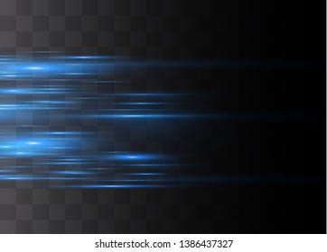 Blue horizontal lens flares pack. Laser beams, horizontal light rays.Beautiful light flares. Glowing streaks on dark background. Luminous abstract sparkling lined background.