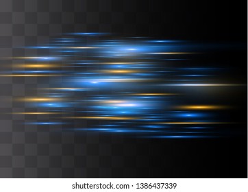 Blue horizontal lens flares pack. Laser beams, horizontal light rays.Beautiful light flares. Glowing streaks on dark background. Luminous abstract sparkling lined background.