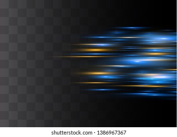 Blue horizontal lens flares pack. Laser beams, horizontal light rays.Beautiful light flares. Glowing streaks on dark background. Luminous abstract sparkling lined background.