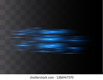 Blue horizontal lens flares pack. Laser beams, horizontal light rays.Beautiful light flares. Glowing streaks on dark background. Luminous abstract sparkling lined background.