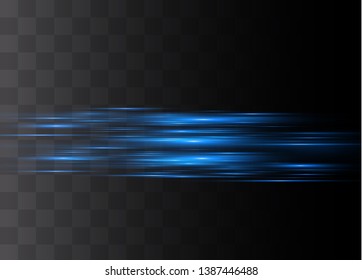 Blue horizontal lens flares pack. Laser beams, horizontal light rays.Beautiful light flares. Glowing streaks on dark background. Luminous abstract sparkling lined background.