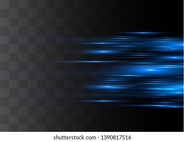 Blue horizontal lens flares pack. Laser beams, horizontal light rays.Beautiful light flares. Glowing streaks on dark background. Luminous abstract sparkling lined background.