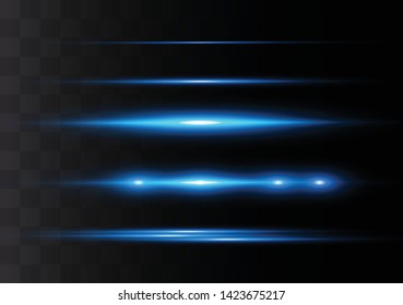 Blue horizontal lens flares pack. Laser beams, horizontal light rays.Beautiful light flares. Glowing streaks on dark background. Luminous abstract sparkling lined background.