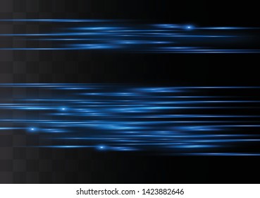 Blue horizontal lens flares pack. Laser beams, horizontal light rays.Beautiful light flares. Glowing streaks on dark background. Luminous abstract sparkling lined background.