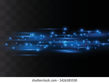 Blue horizontal lens flares pack. Laser beams, horizontal light rays.Beautiful light flares. Glowing streaks on dark background. Luminous abstract sparkling lined background.