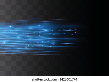 Blue horizontal lens flares pack. Laser beams, horizontal light rays.Beautiful light flares. Glowing streaks on dark background. Luminous abstract sparkling lined background.