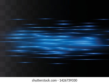 Blue horizontal lens flares pack. Laser beams, horizontal light rays.Beautiful light flares. Glowing streaks on dark background. Luminous abstract sparkling lined background.