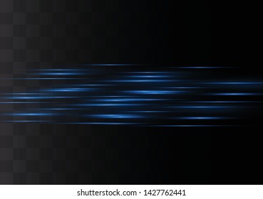 Blue horizontal lens flares pack. Laser beams, horizontal light rays.Beautiful light flares. Glowing streaks on dark background. Luminous abstract sparkling lined background.