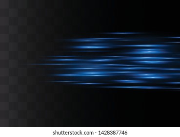 Blue horizontal lens flares pack. Laser beams, horizontal light rays.Beautiful light flares. Glowing streaks on dark background. Luminous abstract sparkling lined background.