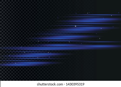 Blue horizontal lens flares pack. Laser beams, horizontal light rays.Beautiful light flares. Glowing streaks on dark background. Luminous abstract sparkling lined background.