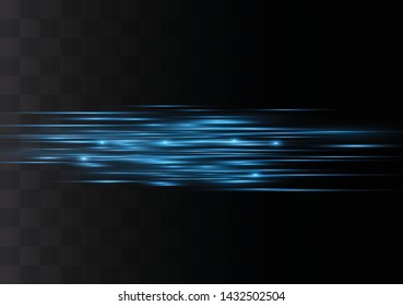 Blue horizontal lens flares pack. Laser beams, horizontal light rays.Beautiful light flares. Glowing streaks on dark background. Luminous abstract sparkling lined background.