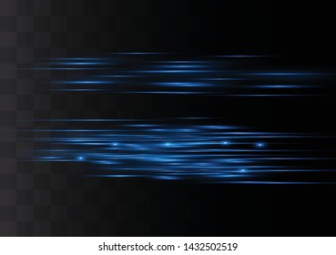 Blue horizontal lens flares pack. Laser beams, horizontal light rays.Beautiful light flares. Glowing streaks on dark background. Luminous abstract sparkling lined background.