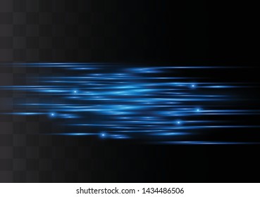 Blue horizontal lens flares pack. Laser beams, horizontal light rays.Beautiful light flares. Glowing streaks on dark background. Luminous abstract sparkling lined background.