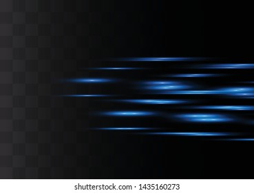 Blue horizontal lens flares pack. Laser beams, horizontal light rays.Beautiful light flares. Glowing streaks on dark background. Luminous abstract sparkling lined background.