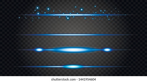 Blue horizontal lens flares pack. Laser beams, horizontal light rays.Beautiful light flares. Glowing streaks on dark background. Luminous abstract sparkling lined background.