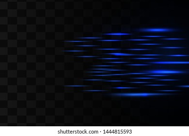 Blue horizontal lens flares pack. Laser beams, horizontal light rays.Beautiful light flares. Glowing streaks on dark background. Luminous abstract sparkling lined background. 