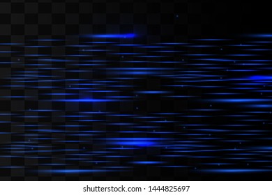 Blue horizontal lens flares pack. Laser beams, horizontal light rays.Beautiful light flares. Glowing streaks on dark background. Luminous abstract sparkling lined background. 