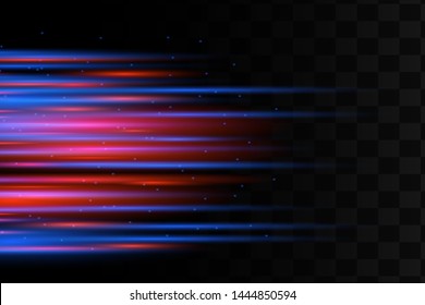 Blue horizontal lens flares pack. Laser beams, horizontal light rays.Beautiful light flares. Glowing streaks on dark background. Luminous abstract sparkling lined background. 