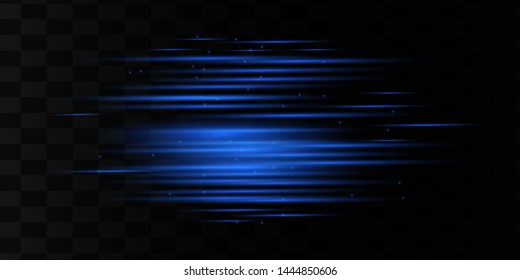 Blue horizontal lens flares pack. Laser beams, horizontal light rays.Beautiful light flares. Glowing streaks on dark background. Luminous abstract sparkling lined background. 