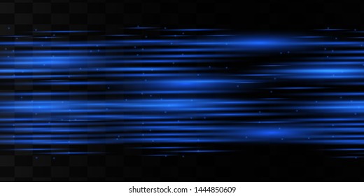 Blue horizontal lens flares pack. Laser beams, horizontal light rays.Beautiful light flares. Glowing streaks on dark background. Luminous abstract sparkling lined background. 